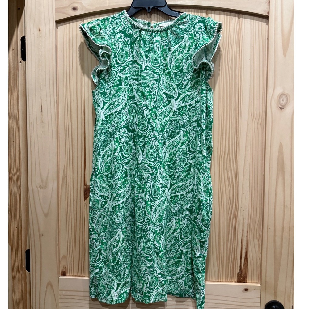 Crown & Ivy Green Paisley Flutter Sleeve Pom Pom Trim Pocket Dress Medium